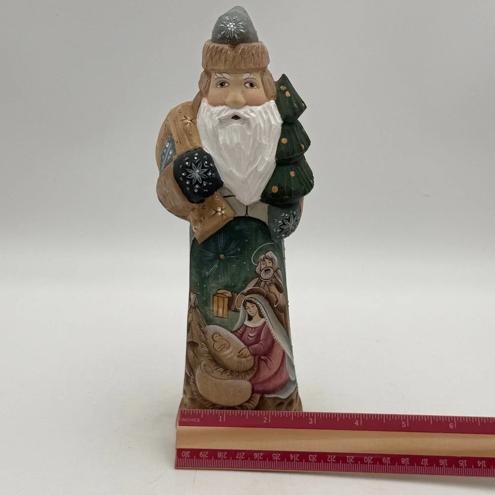 Hand Carved Wooden Santa Claus Nativity Scene Figurine Russian Folk Art 10 inch